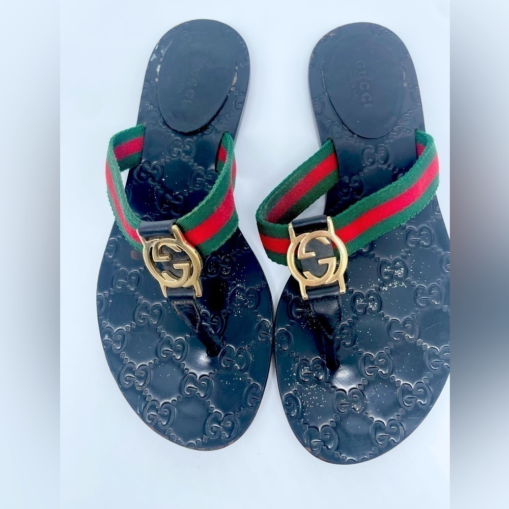 Gucci Black Leather GG Lifford  T strap Web thong sandals EU 37